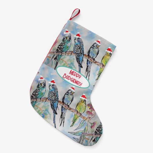 Santa Budgie Kerst Waterverf Schilderij Vogel Kleine Kerstsok (Voorkant (Hangend))