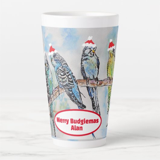 Santa Budgie Kerst Waterverf Schilderij Vogel Latte Mok (Voorkant)