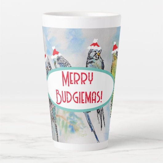Santa Budgie Kerst Waterverf Schilderij Vogel Latte Mok (Voorkant)