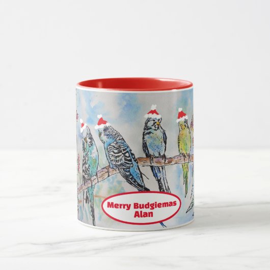 Santa Budgie Kerst Waterverf Schilderij Vogel Mok (Midden)