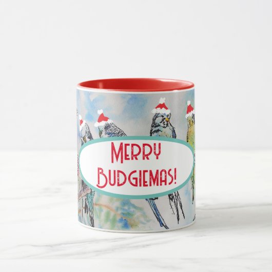 Santa Budgie Kerst Waterverf Schilderij Vogel Mok (Midden)