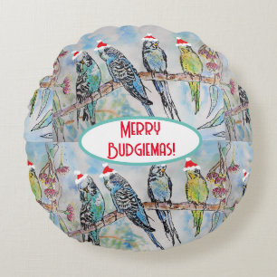 Santa Budgie Kerst Waterverf Schilderij Vogel Rond Kussen