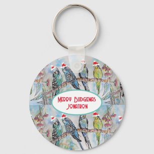 Santa Budgie Kerst Waterverf Schilderij Vogel Sleutelhanger