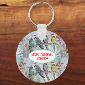 Santa Budgie Kerst Waterverf Schilderij Vogel Sleutelhanger (Voorkant)