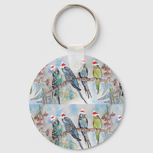 Santa Budgie Kerst Waterverf Schilderij Vogel Sleutelhanger (Achterkant)