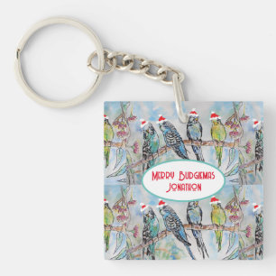 Santa Budgie Kerst Waterverf Schilderij Vogel Sleutelhanger