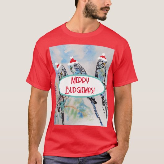 Santa Budgie Kerst Waterverf Schilderij Vogel T-shirt (Voorkant)