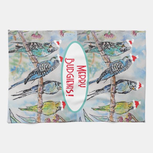 Santa Budgie Kerst Waterverf Schilderij Vogel Theedoek (Horizontaal)