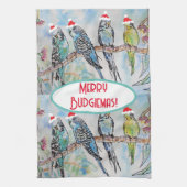 Santa Budgie Kerst Waterverf Schilderij Vogel Theedoek (Verticaal)