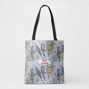 Santa Budgie Kerst Waterverf Schilderij Vogel Tote Bag