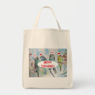 Santa Budgie Kerst Waterverf Schilderij Vogel Tote Bag