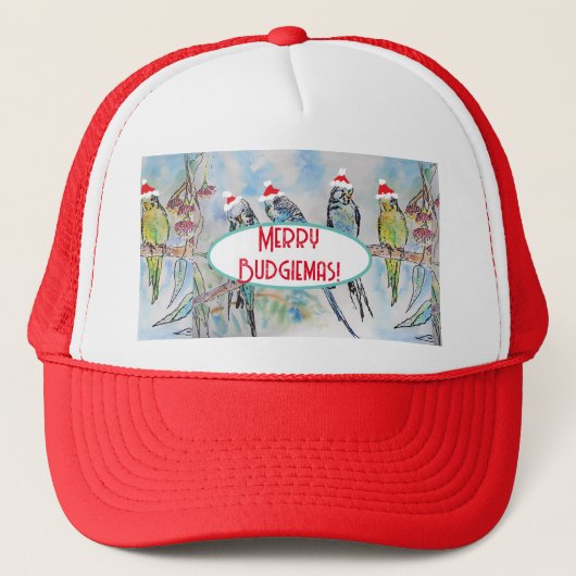 Santa Budgie Kerst Waterverf Schilderij Vogel Trucker Pet (Voorkant)