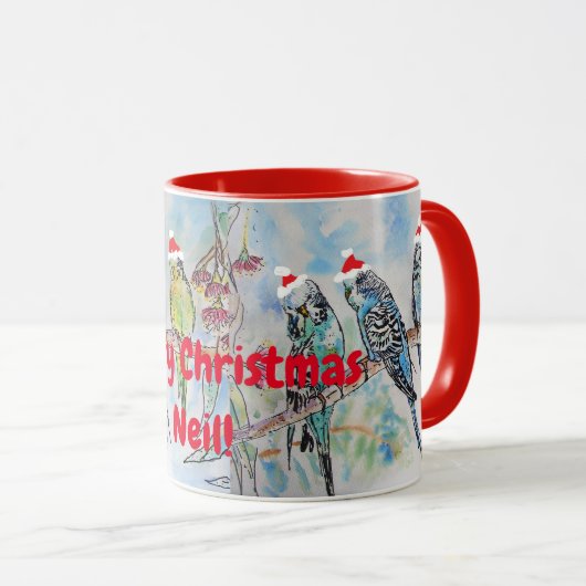 Santa Budgie Merry kerstnaam Mok Red (Voorkant rechts)