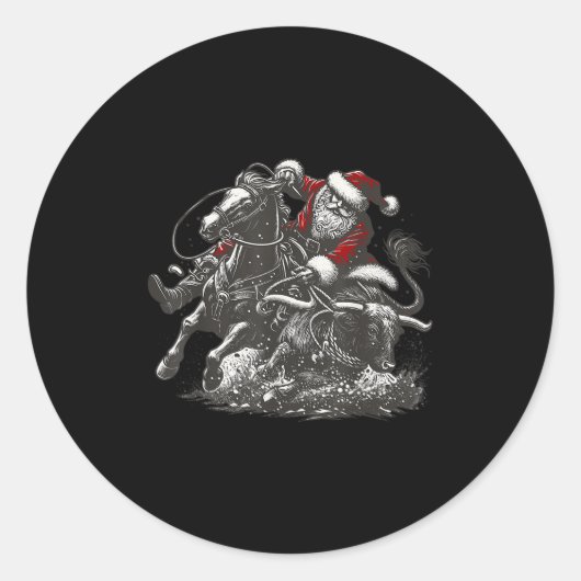 Santa Bulldogging Christmas Cowboy Santa Rodeo Xma Ronde Sticker (Voorkant)