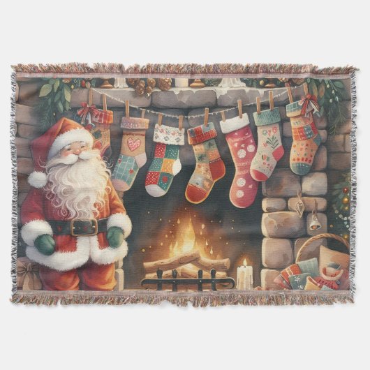 Santa by Fireplace Christmas Stockings Deken (Voorkant)