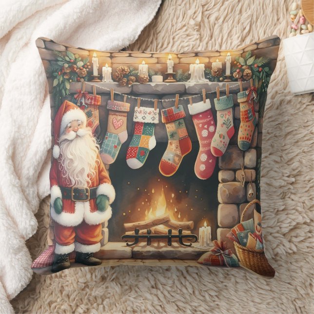 Santa by Fireplace Christmas Stockings Kussen (Deken)