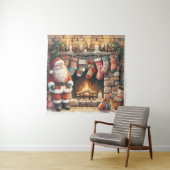 Santa by Fireplace Christmas Stockings Wandkleed (In situ)