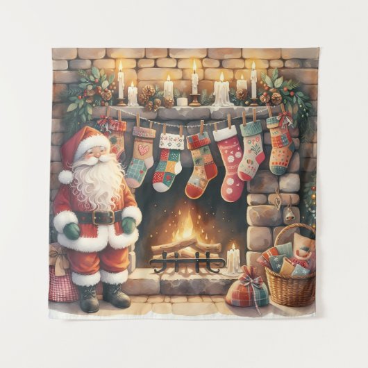 Santa by Fireplace Christmas Stockings Wandkleed (Voorkant)