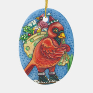 SANTA CARDINAL, CHRISTMAS RED BIRD ORNAMENT Oval