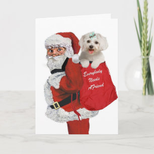 Santa Carries Maltees in Zijn tas met cadeaus Feestdagen Kaart