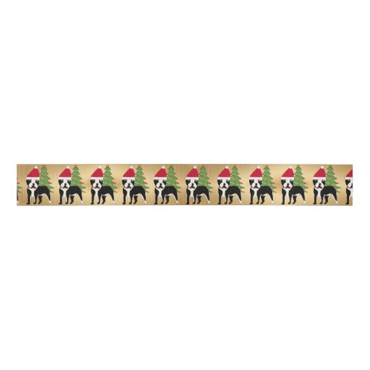 Santa Cartoon Boston Terrier Grosgrain Lint (Voorkant)