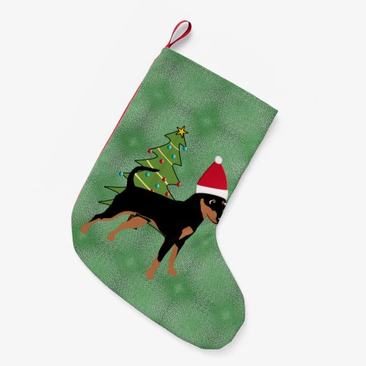 Santa Cartoon Zwart en Tan Miniatuur Pinscher Kleine Kerstsok (Voorkant (Hangend))