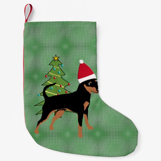 Santa Cartoon Zwart en Tan Miniatuur Pinscher Kleine Kerstsok (Voorkant)