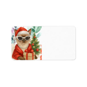 Santa Cat draag zonnebril houdt kerstcadeau Etiket