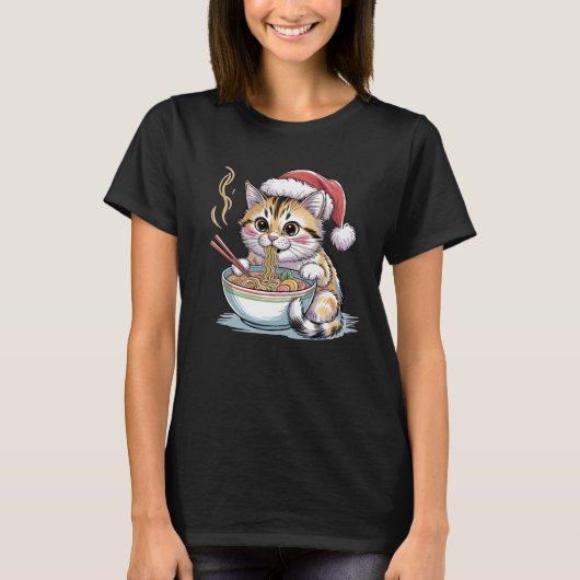 Santa Cat Eating Ramen Cute Christmas Kitty T-shirt (Voorkant)