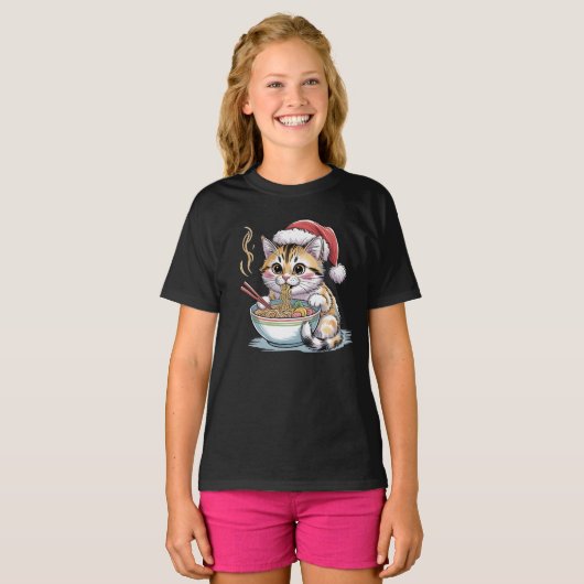 Santa Cat Eating Ramen Cute Christmas Kitty T-shirt (Voorkant volledig)