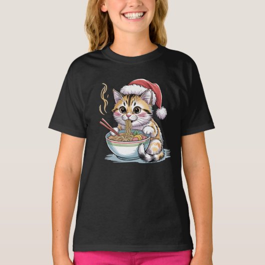 Santa Cat Eating Ramen Cute Christmas Kitty T-shirt (Voorkant)