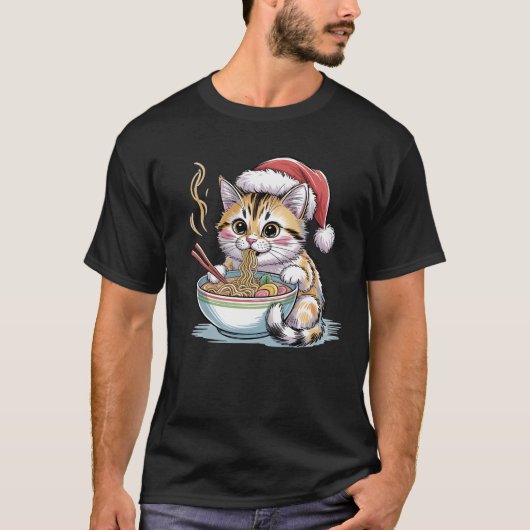 Santa Cat Eating Ramen Cute Christmas Kitty T-shirt (Voorkant)
