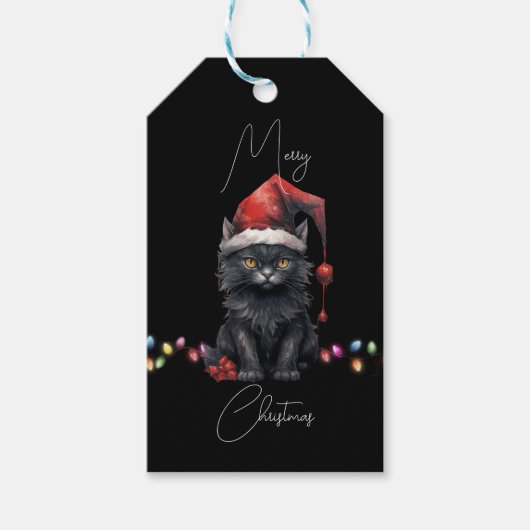 Santa Cat Kitten Kerstmis Rood en Plaid Cadeaulabel (Voorkant)