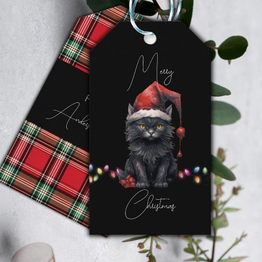 Santa Cat Kitten Kerstmis Rood en Plaid Cadeaulabel