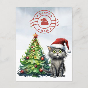 Santa Cat Mail met kerstboom Feestdagenkaart