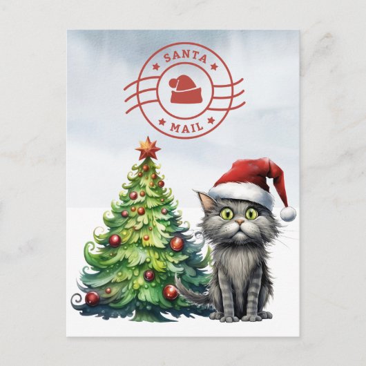 Santa Cat Mail met kerstboom Feestdagenkaart (Voorkant)