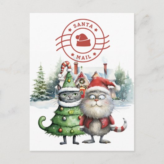 Santa Cat Mail met kerstboom Feestdagenkaart (Voorkant)