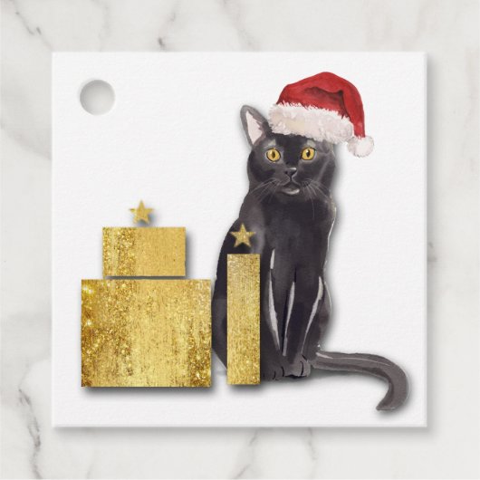 Santa Cat met gouden pakketten Cadeau Labels (Voorkant)
