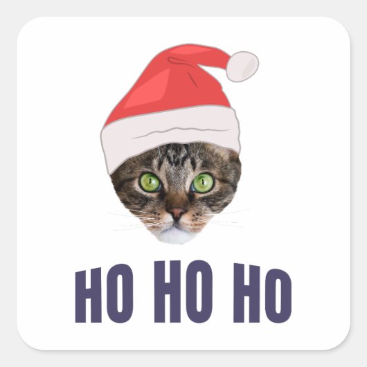 Santa Cat met kersthoed, Ho Ho Ho Uitnodiging Vierkante Sticker (Voorkant)