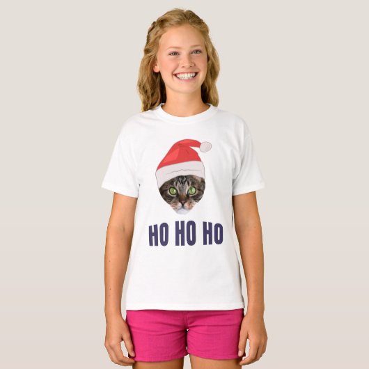 Santa Cat met kersthoed, Ho Ho Hoho Invitation Squ T-shirt (Voorkant volledig)