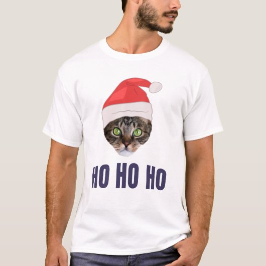 Santa Cat met kersthoed, Ho Ho Hoho Invitation Squ T-shirt (Voorkant)