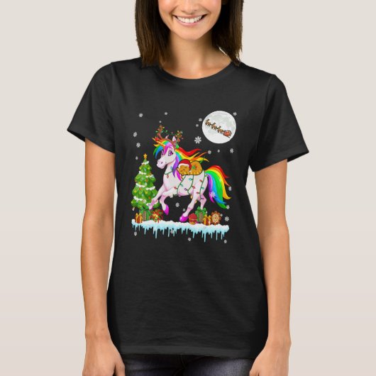 Santa Cat Ridding Reindeer Unicorn Christmas Tree T-shirt (Voorkant)