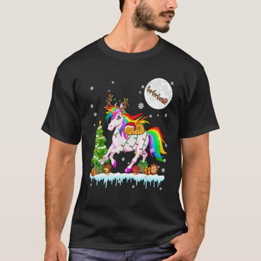 Santa Cat Ridding Reindeer Unicorn Christmas Tree T-shirt (Voorkant)