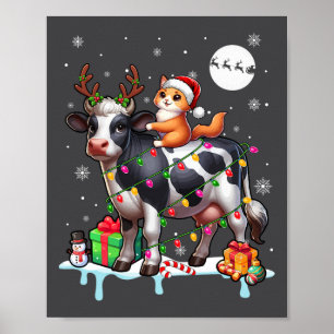 Santa Cat Riding Reindeer Koe Kerstverlichting Col Poster