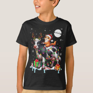 Santa Cat Riding Reindeer Koe Kerstverlichting Col T-shirt