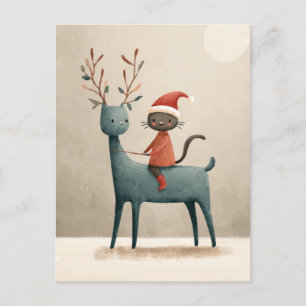 Santa Cat Riding Rendier Waterverf Kerst Briefkaart