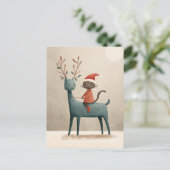 Santa Cat Riding Rendier Waterverf Kerst Briefkaart (Staand voorkant)