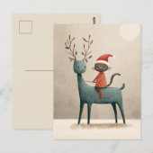 Santa Cat Riding Rendier Waterverf Kerst Briefkaart (Voorkant / Achterkant)