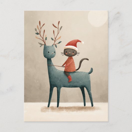 Santa Cat Riding Rendier Waterverf Kerst Briefkaart (Voorkant)