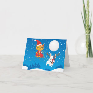 Santa Cat Sleigh Feestdagen Kaart